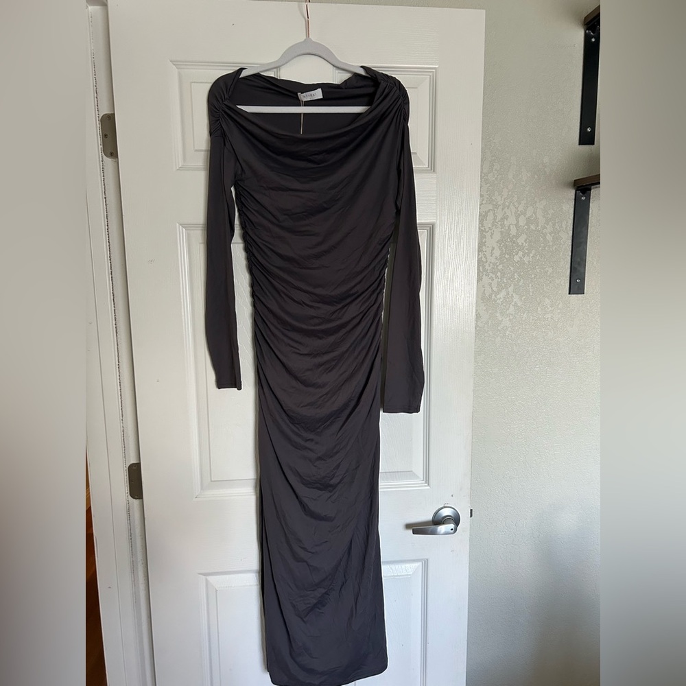 Meshki Draped Ruched Long Sleeve Maxi Dress - charcoal